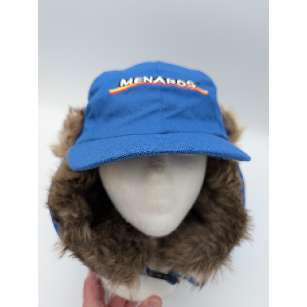 Menards Blue Cotton Canvas Trapper Hat Faux Fur Ear Flaps Winter Cap Large